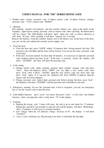 ME Series Hotel Safe User Manual - cover page