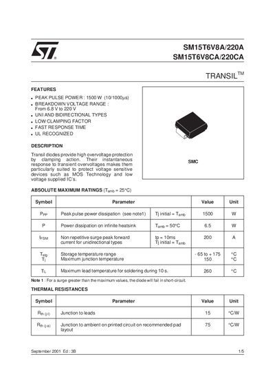 STMICROELECTRONICS SM15T6V8A/220A SM15T6V8CA/220CA handbook - cover page