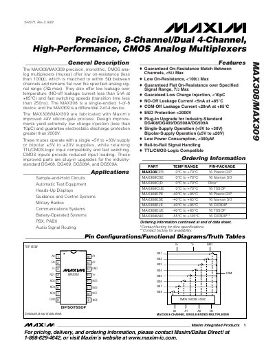 Maxim MAX308/MAX309 Precision 8‑Channel/Dual 4‑Channel CMOS Analog Multiplexer Datasheet - cover page