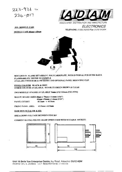 ADAM ELECTRONICS - 92466 DIN MODULE CASF MODULE CASE 48mm*48mm - cover page
