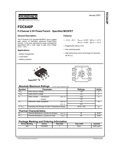 Fairchild Semiconductor FDC640P P-Channel MOSFET Datasheet - cover page