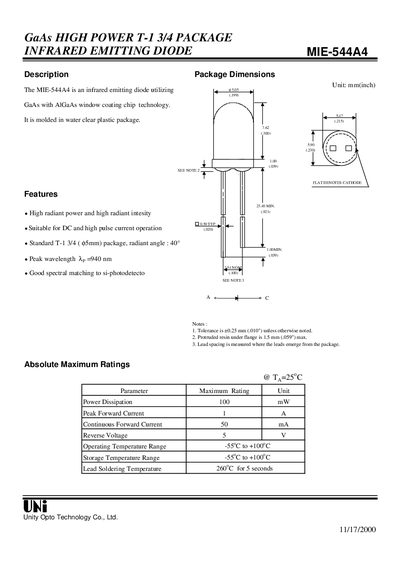 uni GaAs HIGH POWER T-1 3/4 PACKAGE INFRARED EMITTING DIODE MIE-544A4 - cover page