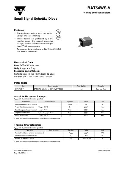 Vishay BAT54WS-V Small Signal Schottky Diode Datasheet - cover page
