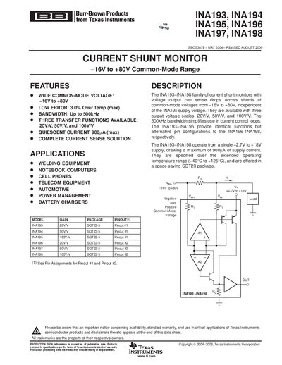 TEXAS INSTRUMENTS INA193 INA194 INA195 INA196 INA197 INA198 CURRENT SHUNT MONITOR handbook - cover page