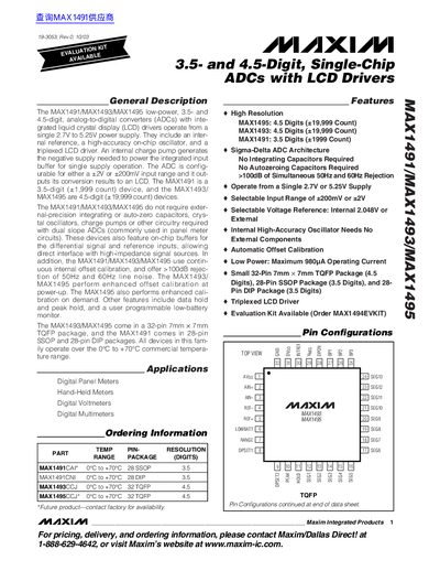 Maxim MAX1491/MAX1493/MAX1495 3.5- and 4.5-Digit ADC Datasheet