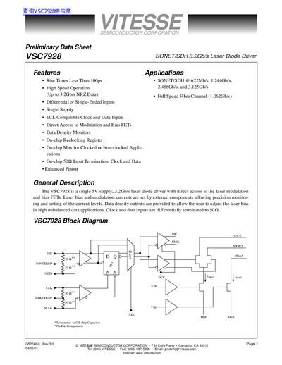 Vitesse Semiconductor VSC7928 SONET/SDH Laser Diode Driver Datasheet - cover page