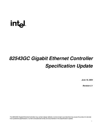Intel 82543GC Gigabit Ethernet Controller Specification Update - cover page