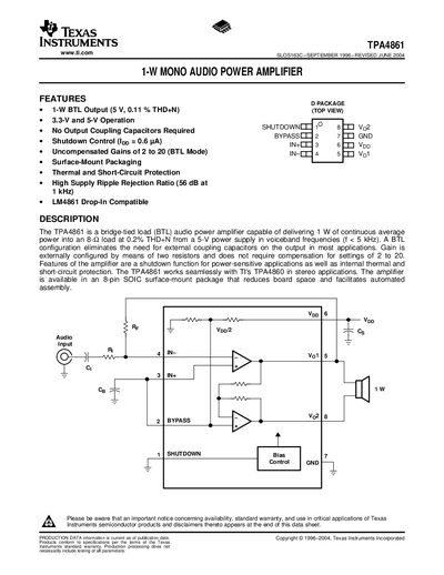 TEXAS INSTRUMENTS TPA4861 1-W MONO AUDIO POWER AMPLIFIER handbook - cover page