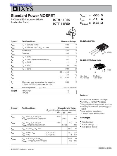 IXYS IXTH11P50/IXTT11P50 Power MOSFET Datasheet