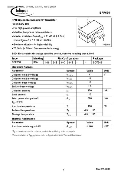 Infineon BFP650 NPN SiGe RF Transistor Datasheet