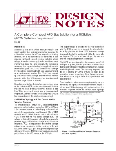 LINEAR A Complete Compact APD Bias Solution for a 10Gbits/s GPON System Design Note 447 Xin Qi - cover page