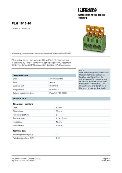 Phoenix Contact PLH 16/6-10 Datasheet - cover page
