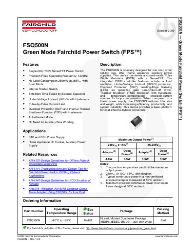 Fairchild Semiconductor FSQ500N Green Mode Power Switch Datasheet - cover page