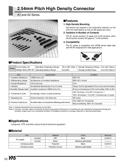 HRS A1/A2 Series 2.54mm Pitch High Density Connector Product Specifications - cover page