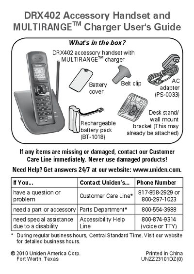 Uniden DRX402 Accessory Handset and MULTIRANGE Charger User's Guide - cover page