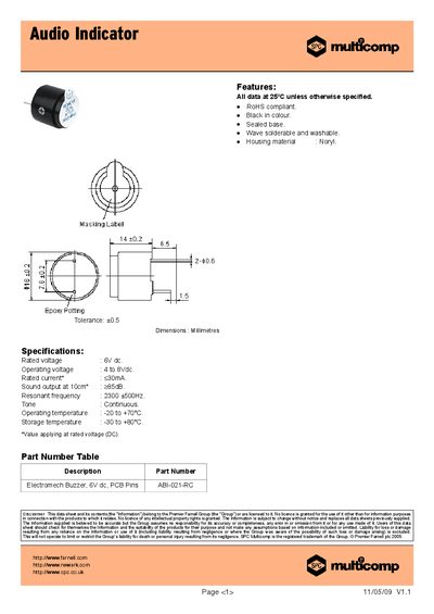 Multicomp Audio Indicator Data Sheet - cover page