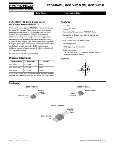 FAIRCHILD RFD14N05L RFD14N05LSM RFP14N05L Manual