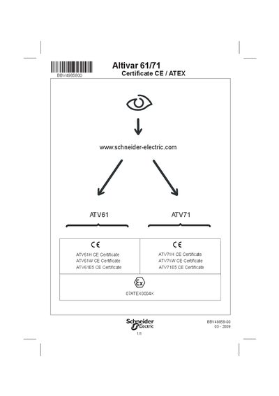schneider Altivar 61/71 BBV49858-00 03 - 2009 1/1 Certificate CE ATEX Manual - cover page