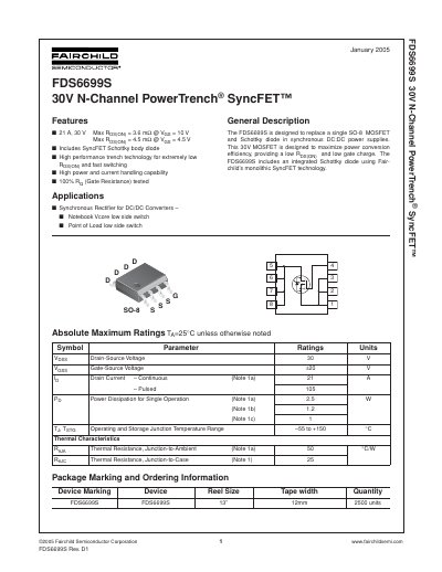 FAIRCHILD FDS6699S 30V N-Channel PowerTrench SyncFET(TM) Manual - cover page