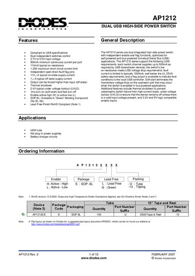 Diodes AP1212 Dual USB High‑Side Power Switch Datasheet - cover page