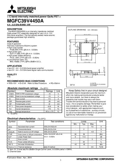 Mitsubishi MGFC39V4450A C‑Band Power GaAs FET Datasheet - cover page