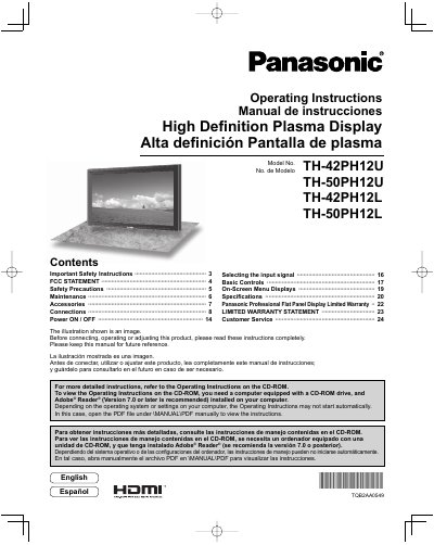 Panasonic TH-42PH12U/TH-50PH12U/TH-42PH12L/TH-50PH12L Plasma Display Operating Instructions - cover page