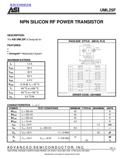 ASI UML25F NPN Silicon RF Power Transistor Datasheet - cover page