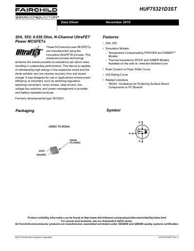 Fairchild HUF75321D3ST 20A 55V N-Channel Power MOSFET Datasheet - cover page
