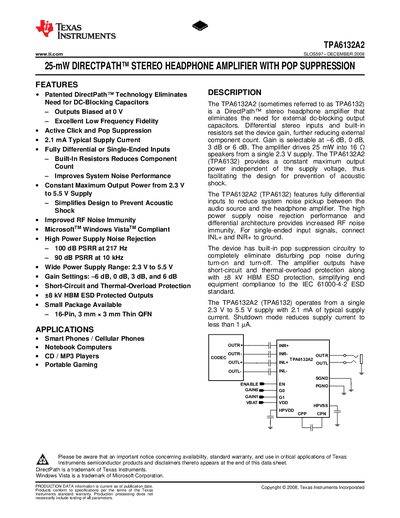 TEXAS INSTRUMENTS TPA6132A2 25-mW DIRECTPATH STEREO HEADPHONE AMPLIFIER WITH POP SUPPRESSION handbook - cover page