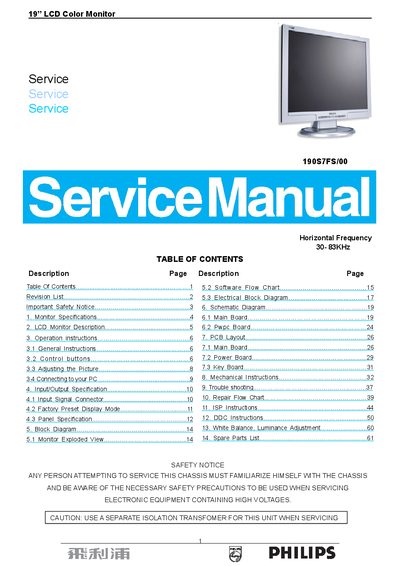 Philips 190S7FS Service Manual - cover page