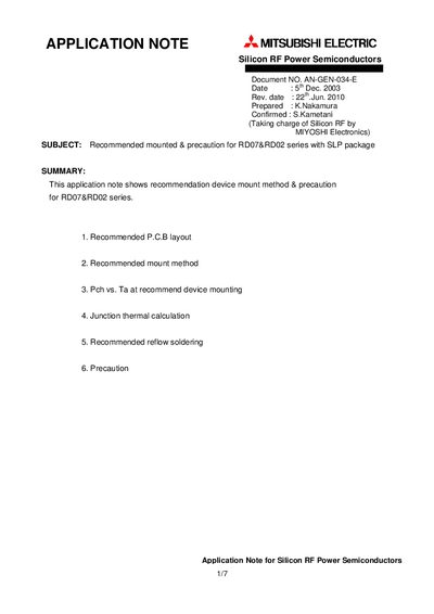 Mitsubishi Electric RDO7 & RDO2 Application Note AN-GEN-034-E - cover page