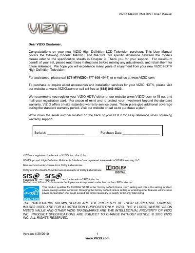 Vizio M420VT/M470VT High Definition LCD Television User Manual - cover page