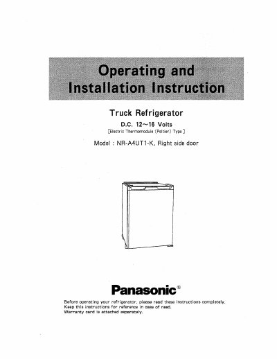 Panasonic NR-A4UT1-K Truck Refrigerator User Manual - cover page