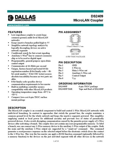 Dallas Semiconductor DS2409 MicroLAN Coupler Datasheet - cover page