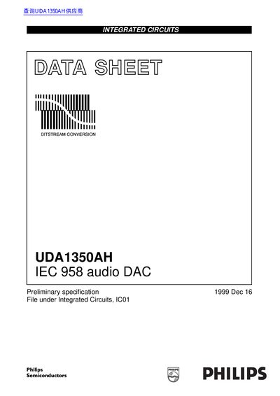 Philips UDA1350AH IEC 958 Audio DAC Datasheet - cover page