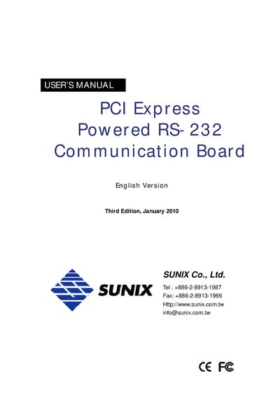 Sunix PCI Express Powered RS-232 Communication Board User Manual - cover page