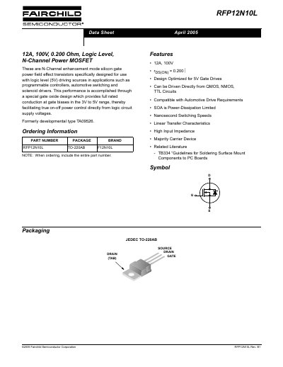 Fairchild Semiconductor RFP12N10L Power MOSFET Datasheet - cover page