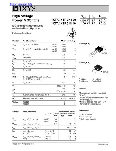 IXYS IXTA/IXTP 3N120/3N110 High Voltage Power MOSFET Preliminary Data Sheet