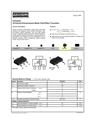 Fairchild Semiconductor FDT457N N-Channel Enhancement Mode Field Effect Transistor Datasheet - cover page