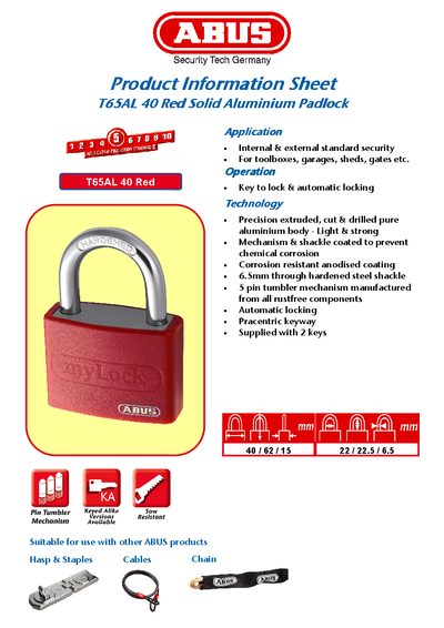 ABUS Product Information Sheet T65AL 40 Red Solid Aluminium Padlock Manual - cover page