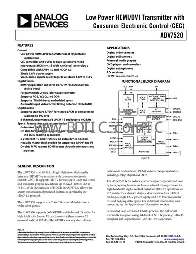 Analog Devices ADV7520 HDMI/DVI Transmitter Datasheet - cover page