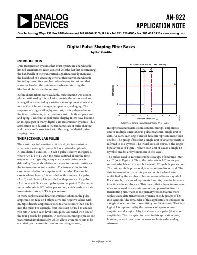 Analog Devices AN-922 Application Note Digital Pulse-Shaping Filter - cover page