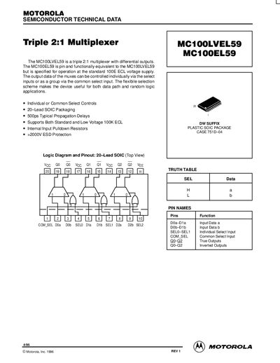 Motorola MC100LVEL59/MC100EL59 Triple 2:1 Multiplexer Datasheet - cover page