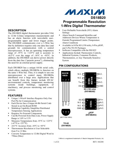 Maxim DS18B20 Digital Thermometer Datasheet - cover page