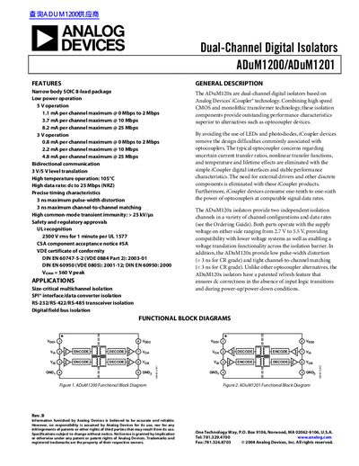 Analog Devices ADuM1200/ADuM1201 Dual-Channel Digital Isolators Datasheet - cover page