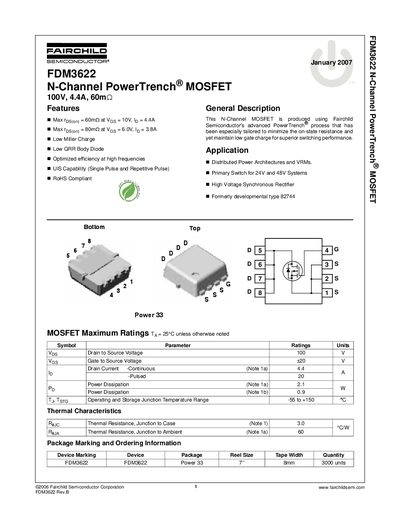 Fairchild Semiconductor FDM3622 N-Channel MOSFET Datasheet - cover page