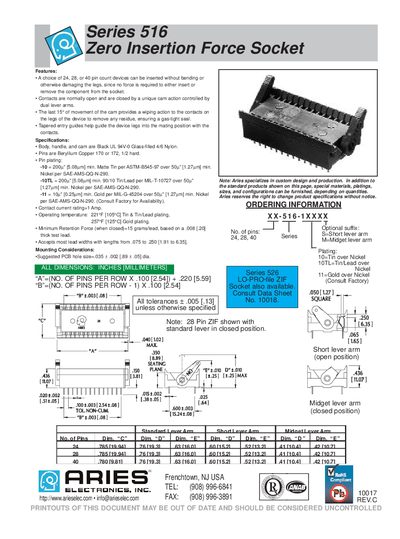 Aries Series 516 Zero Insertion Force Socket Manual - cover page