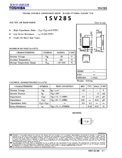 Toshiba 1SV285 Variable Capacitance Diode Datasheet - cover page