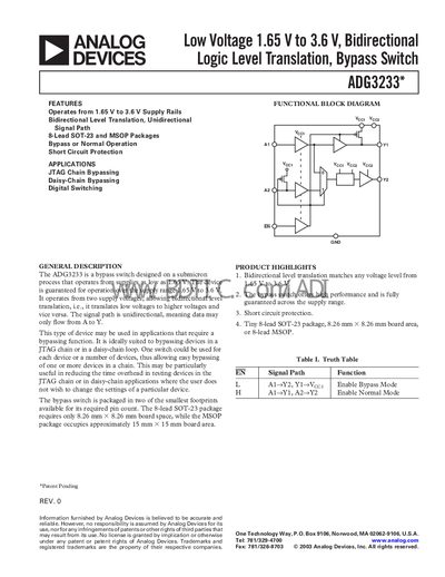 Analog Devices ADG3233 Bypass Switch Datasheet - cover page