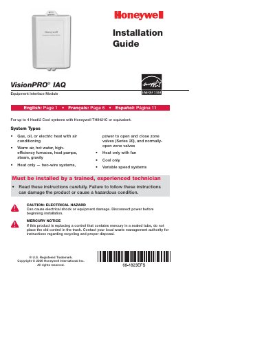 Honeywell VisionPRO IAQ Installation Guide - cover page